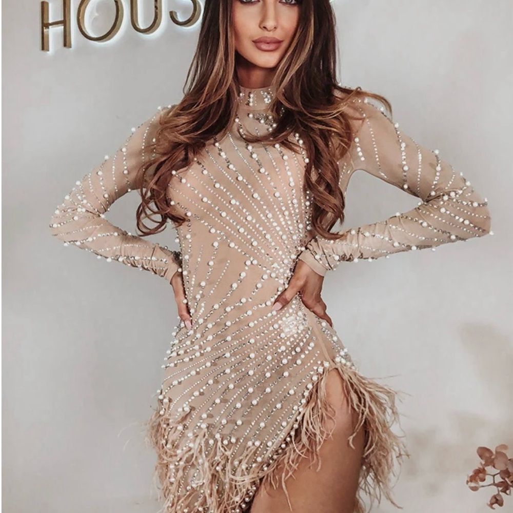 Pearl-Studded embelished feathered Tan Dress